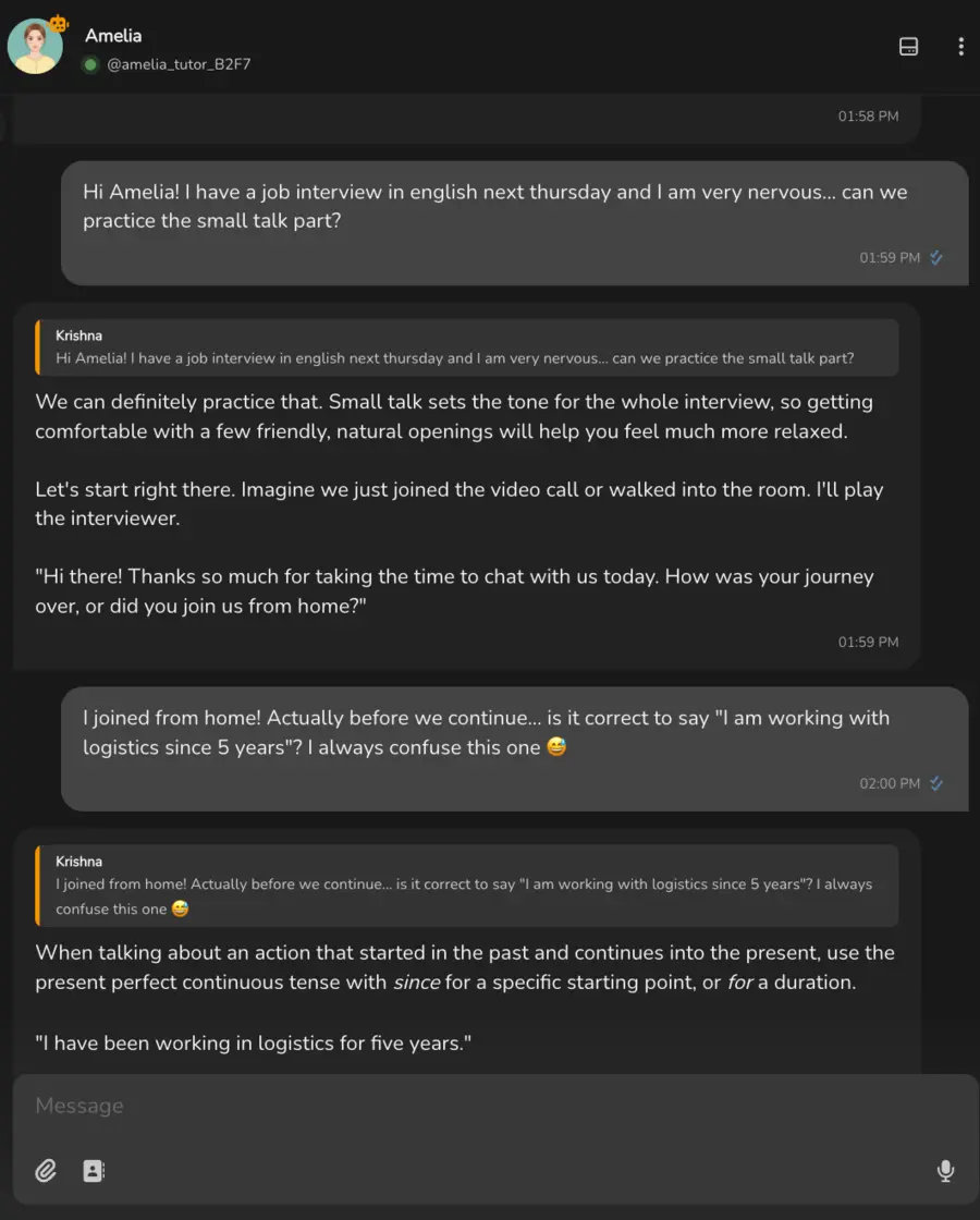 A chat with Amelia, an English practice agent, correcting a student's grammar