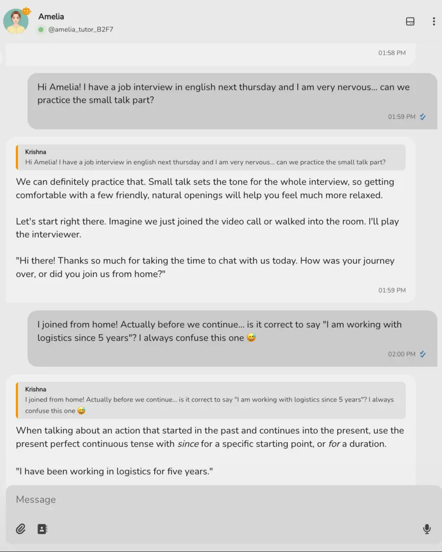 A chat with Amelia, an English practice agent, correcting a student's grammar